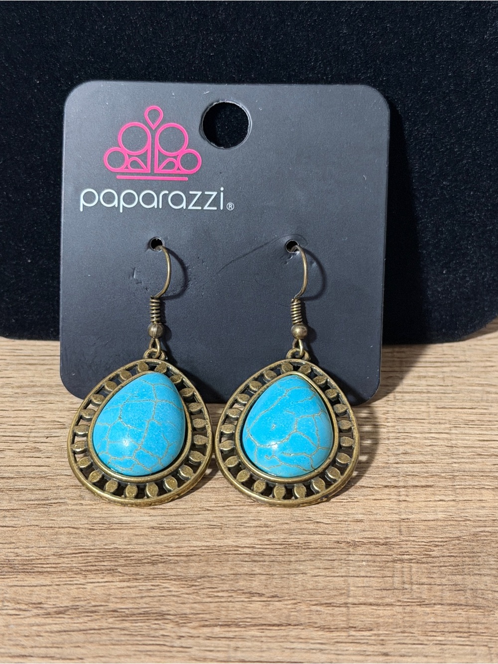 paparazzi Turquoise Teardrop Earrings with Antique Gold Frame